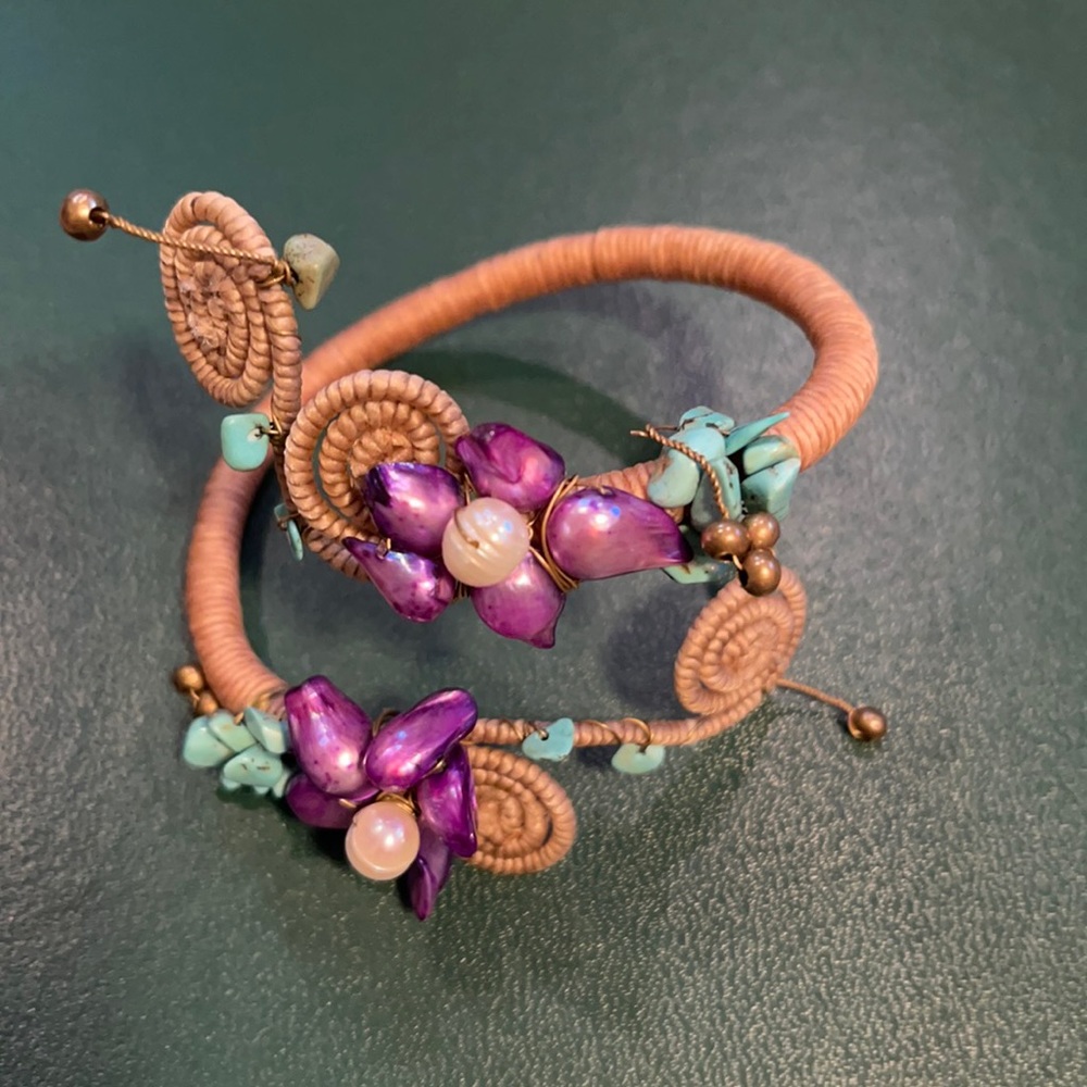 Pearl/turquoise floral adjustable cuff bracelet EUC